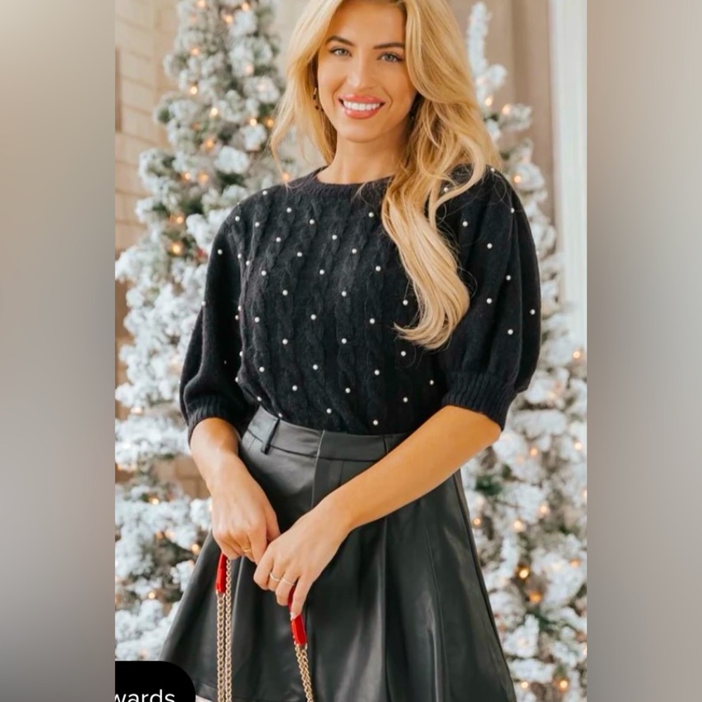 She and Sky Black Pearl Beaded Cable Knit Short Balloon Sleeve Sweater Women’s L